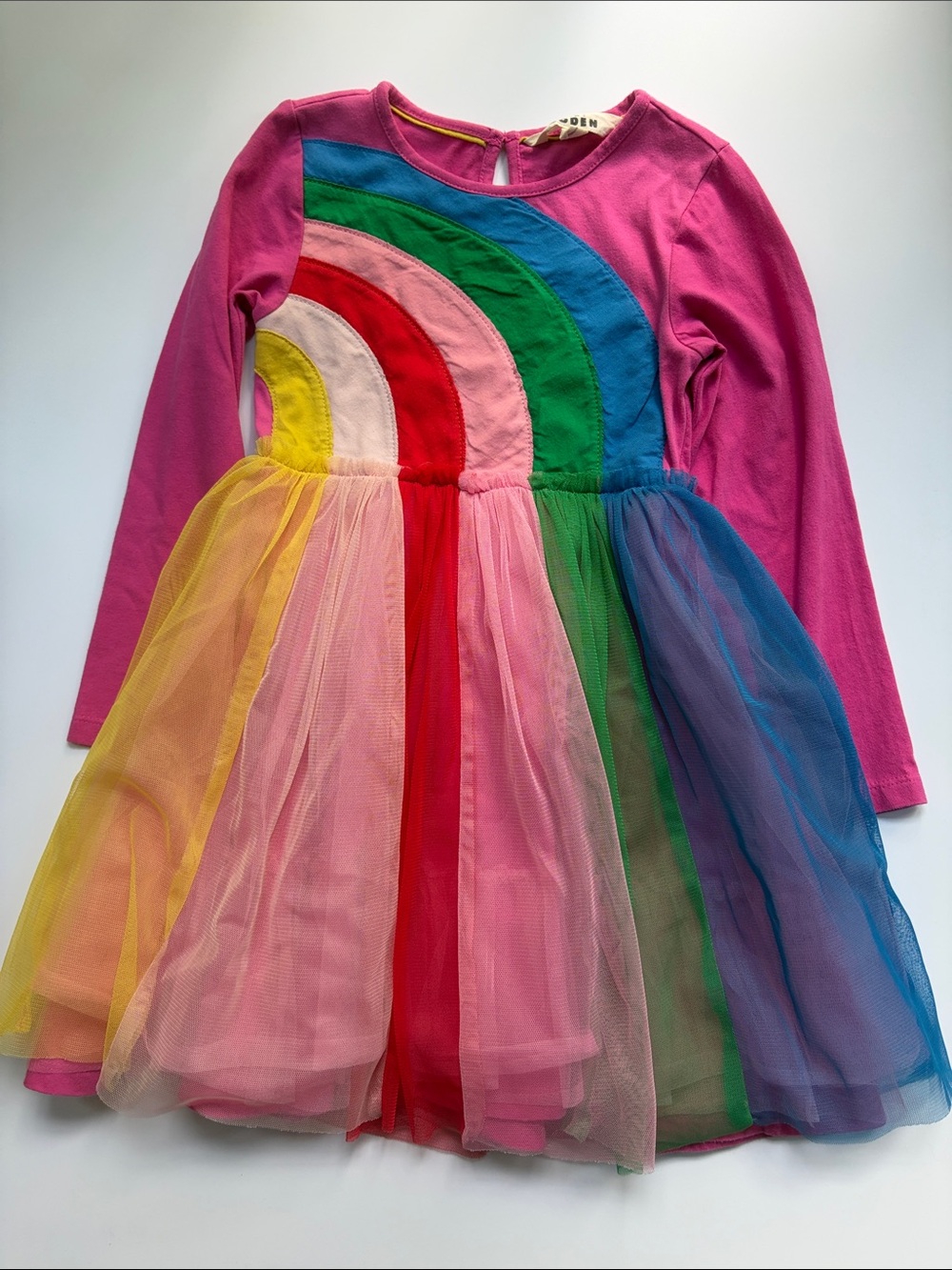 Mini Boden Pink Long-Sleeve Rainbow Tulle Dress